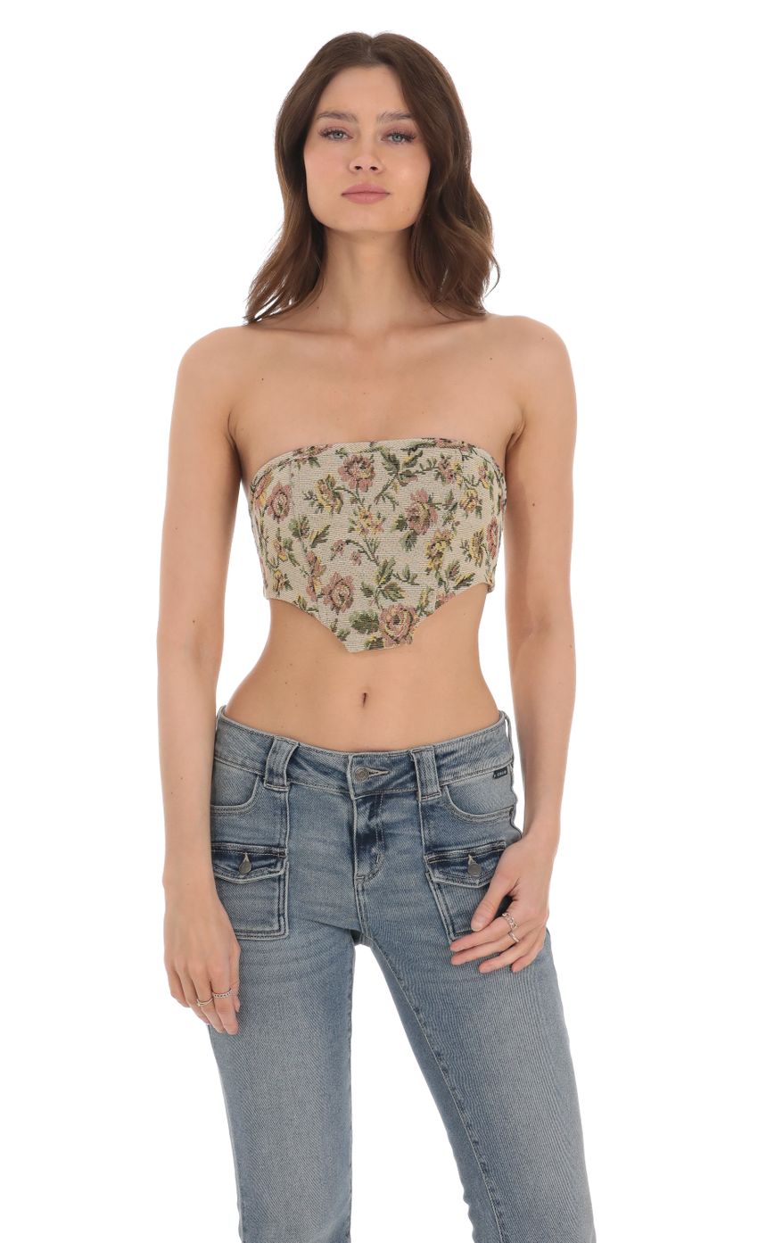 Picture Strapless Floral Corset Top in Tan. Source: https://media-img.lucyinthesky.com/data/Jan24/850xAUTO/c11556b5-b0e5-4fd6-b1c0-ca715d824623.jpg