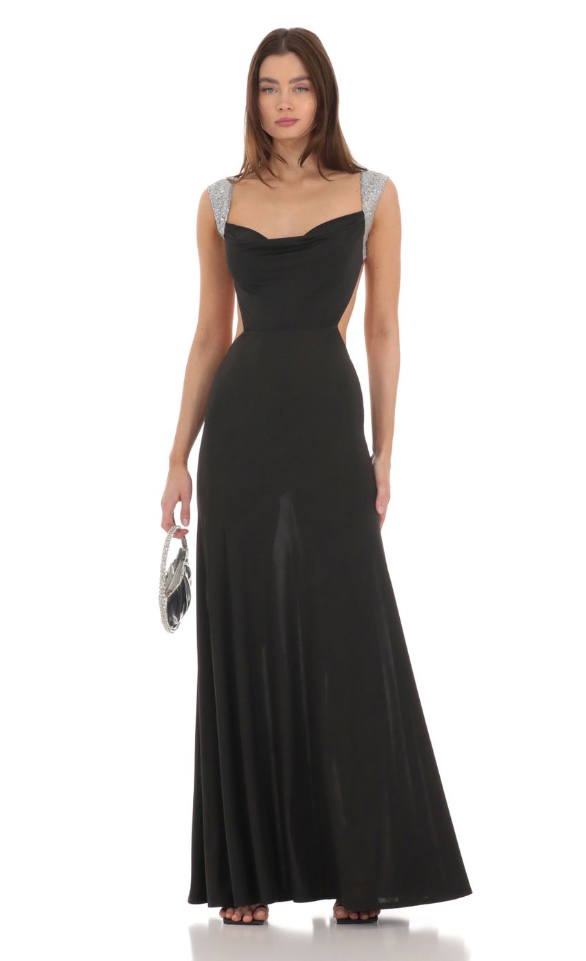 Picture Silver Sequin Open Back Cowl Neck Dress in Black. Source: https://media-img.lucyinthesky.com/data/Jan24/850xAUTO/c2c3988c-4d97-4291-97cc-99fe19a3e081.jpg