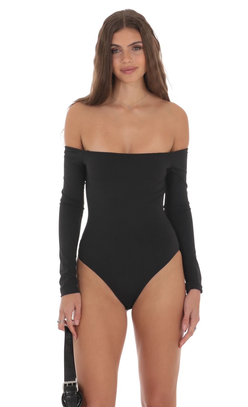 Picture Off Shoulder Bodysuit in Black. Source: https://media-img.lucyinthesky.com/data/Jan24/850xAUTO/c9ef48b5-aee0-493f-8e26-98287107adae.jpg