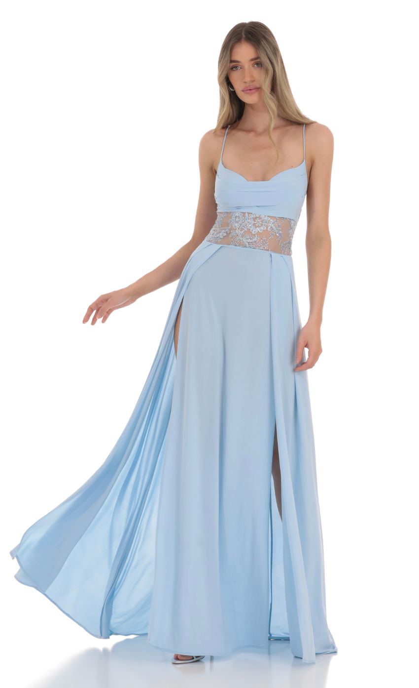 Picture Floral Waist Slit Maxi Dress in Light Blue. Source: https://media-img.lucyinthesky.com/data/Jan24/850xAUTO/cd4dee4c-be90-4589-9eb9-be0db769e8ab.jpg