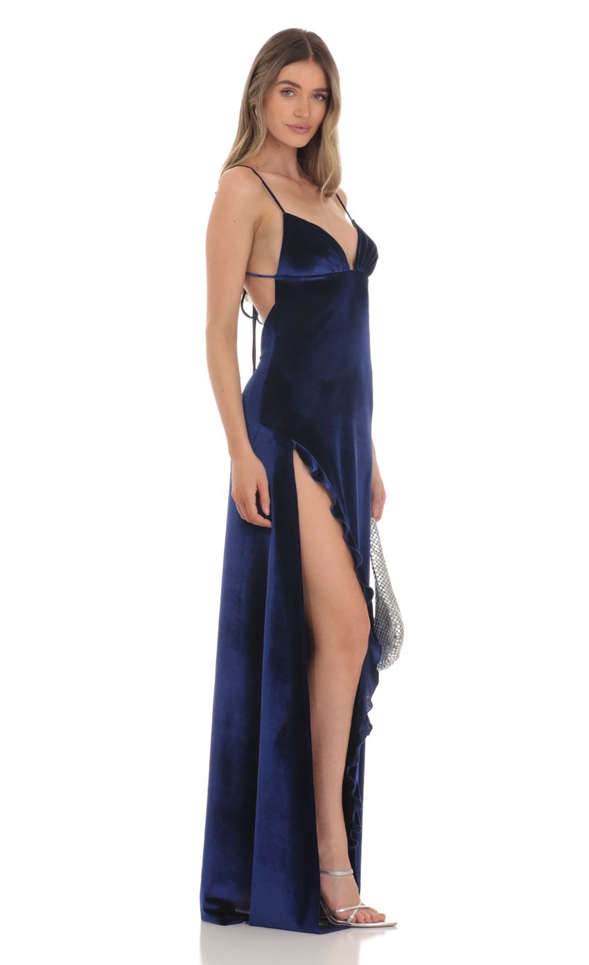Picture Velvet Ruffle Maxi Dress in Blue. Source: https://media-img.lucyinthesky.com/data/Jan24/850xAUTO/d24af040-8543-4168-b8f8-cb417abfaf82.jpg