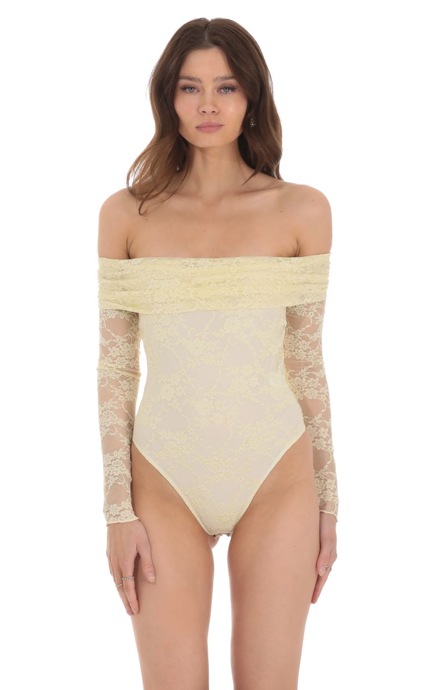 Product image for Off Shoulder Lace Bodysuit in Pastel Yellow
