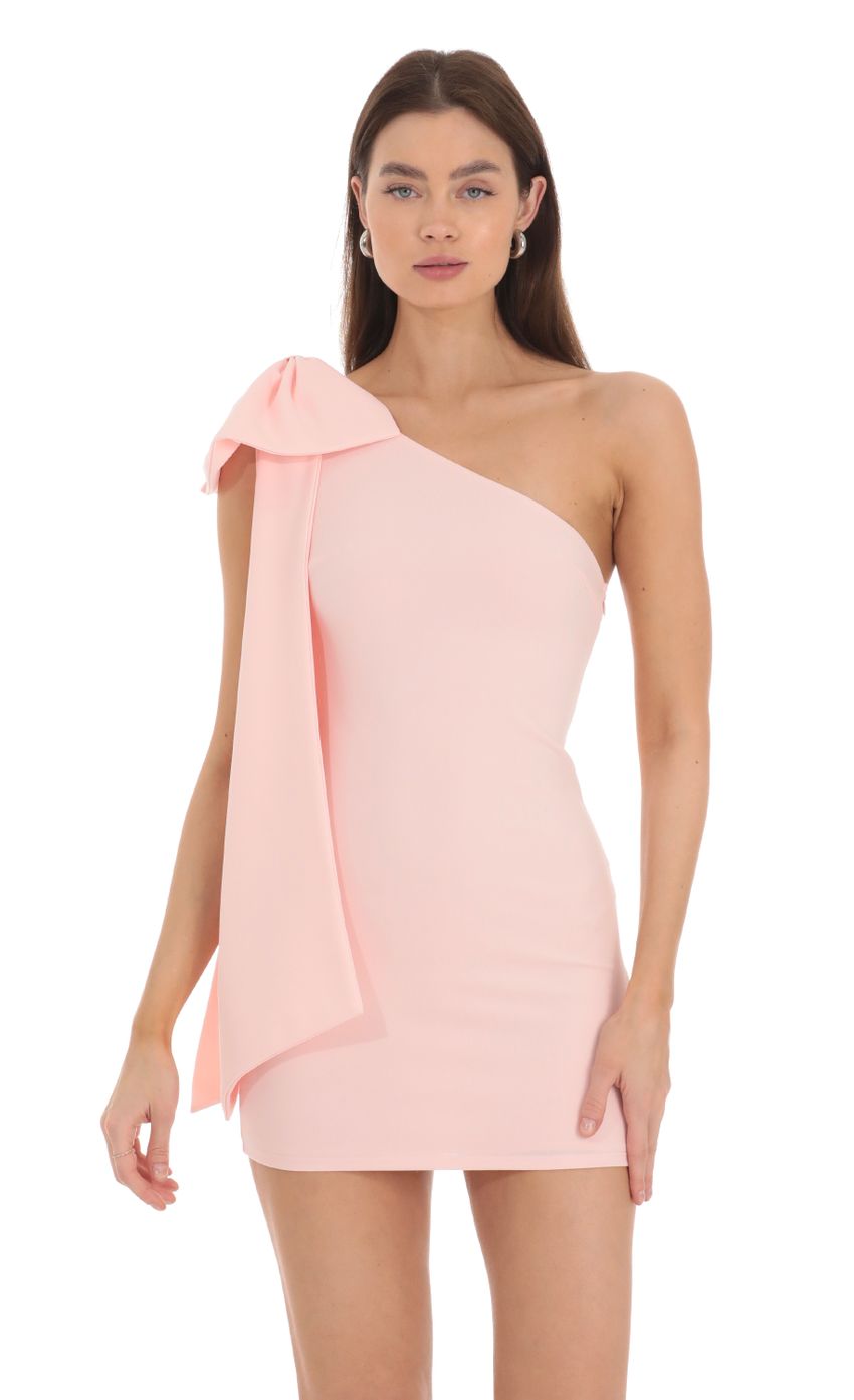 Picture One Shoulder Bow Dress in Pink. Source: https://media-img.lucyinthesky.com/data/Jan24/850xAUTO/da7e9fb3-7042-497d-b014-6265088a4d54.jpg
