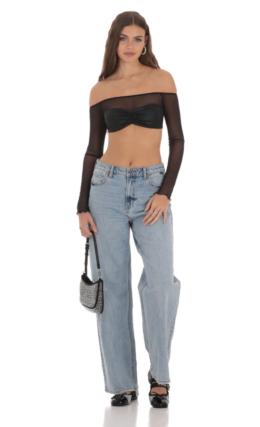 Picture Off Shoulder Mesh Top in Black. Source: https://media-img.lucyinthesky.com/data/Jan24/850xAUTO/e552040e-0838-4aaa-bc02-8e14ab79bc87.jpg