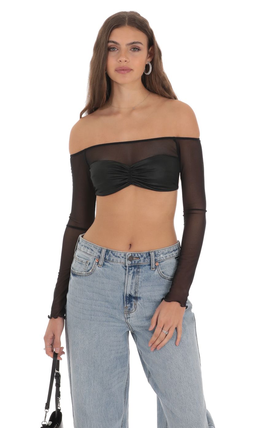 Picture Off Shoulder Mesh Top in Black. Source: https://media-img.lucyinthesky.com/data/Jan24/850xAUTO/e87c8e36-a891-480d-9501-5d60cd0128f0.jpg