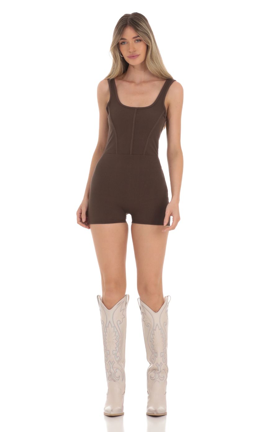 Picture Open Back Ribbed Romper in Brown. Source: https://media-img.lucyinthesky.com/data/Jan24/850xAUTO/e8d32cd5-68a4-43cd-bf96-b3074cac8c76.jpg