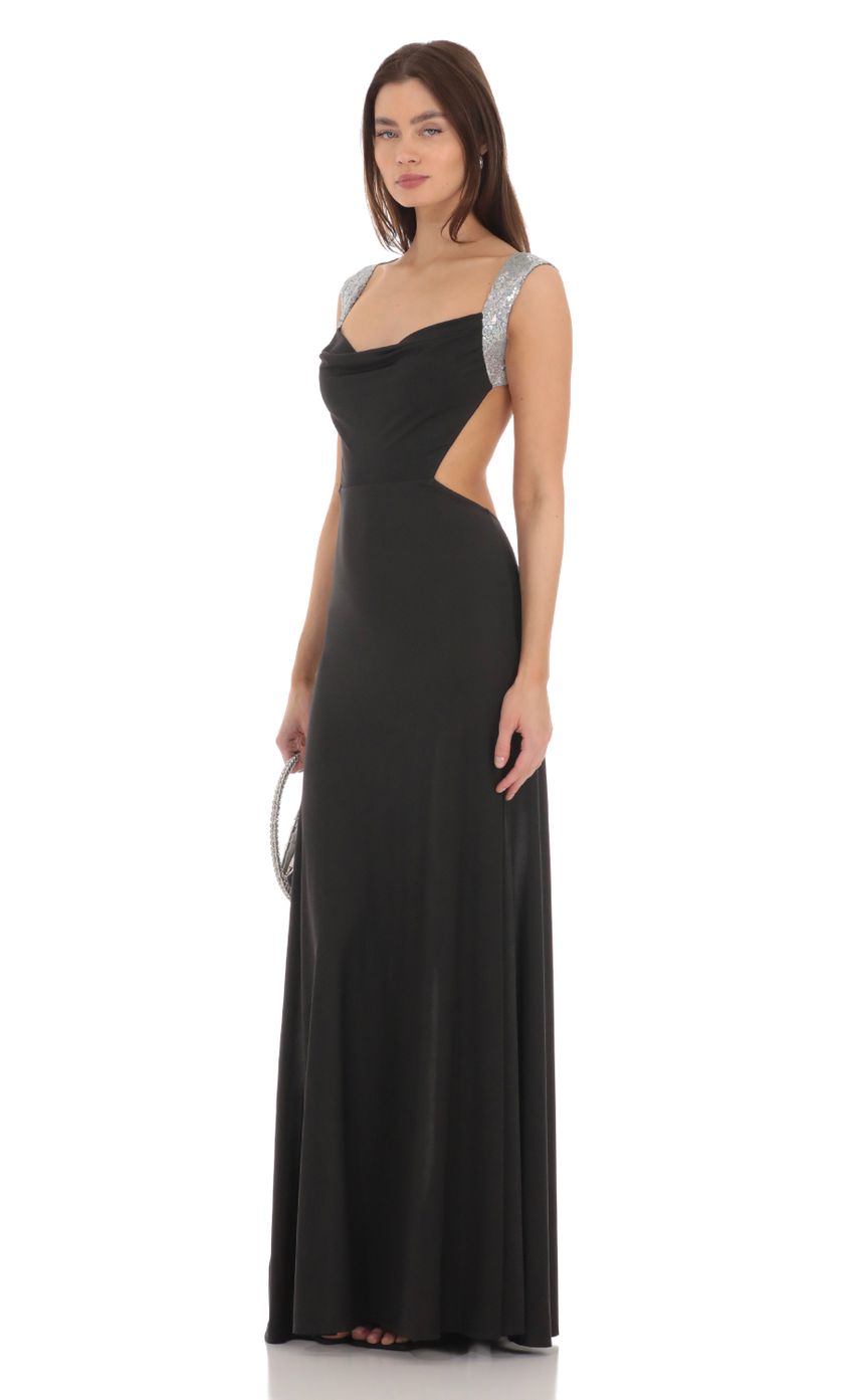 Picture Silver Sequin Open Back Cowl Neck Dress in Black. Source: https://media-img.lucyinthesky.com/data/Jan24/850xAUTO/e97a84e1-3391-4a4a-a364-1383fd03ad5f.jpg