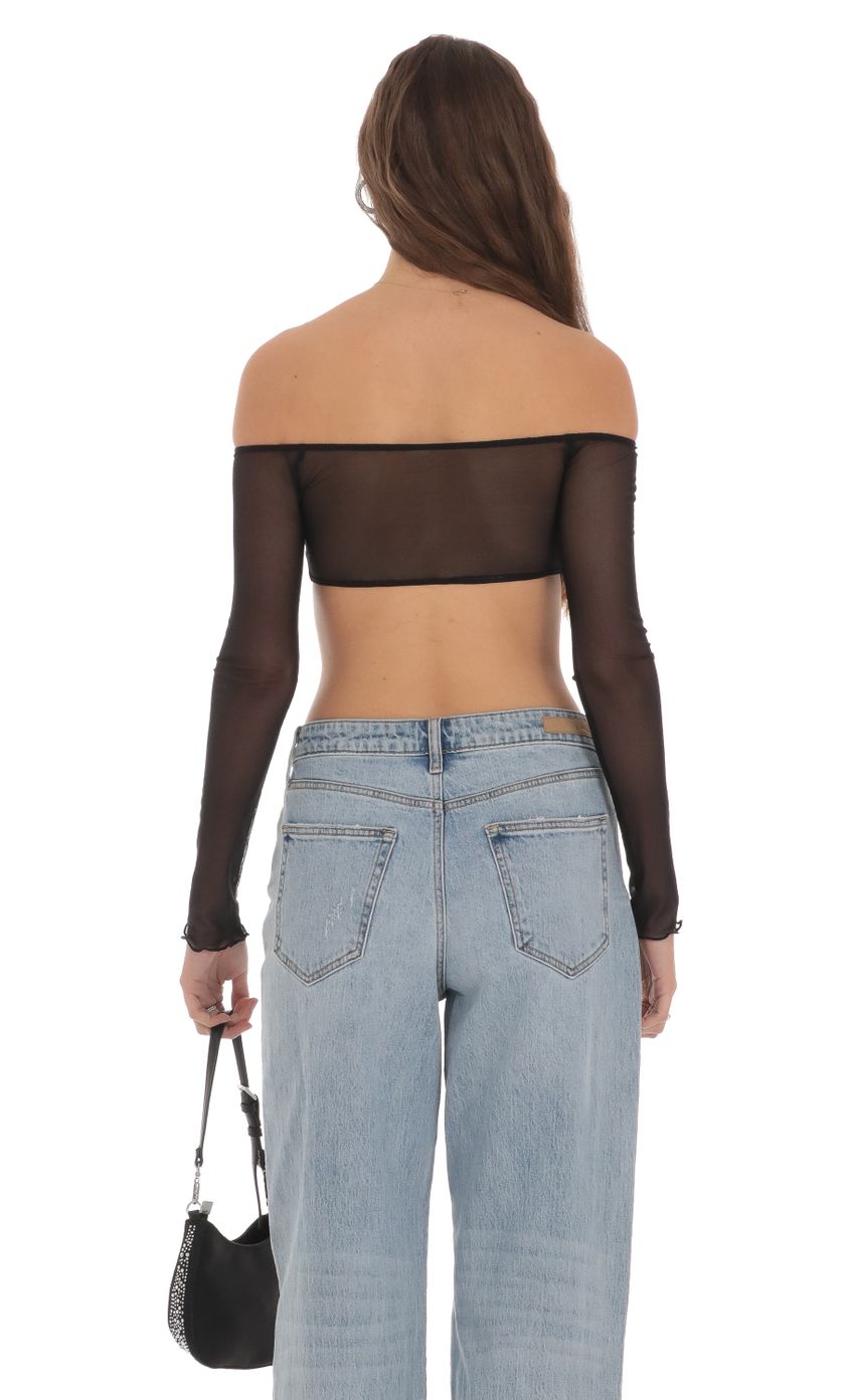Picture Off Shoulder Mesh Top in Black. Source: https://media-img.lucyinthesky.com/data/Jan24/850xAUTO/f67d828c-a356-4c8e-aa75-90667e2631b8.jpg