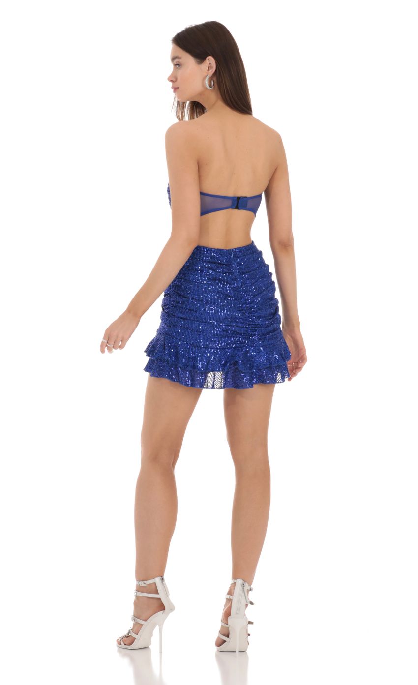 Picture Strapless Sequin Ruched Ruffle Dress in Blue. Source: https://media-img.lucyinthesky.com/data/Jan24/850xAUTO/f9cf2bb2-4a0b-401a-a7b1-8a2f8ee3a0e4.jpg