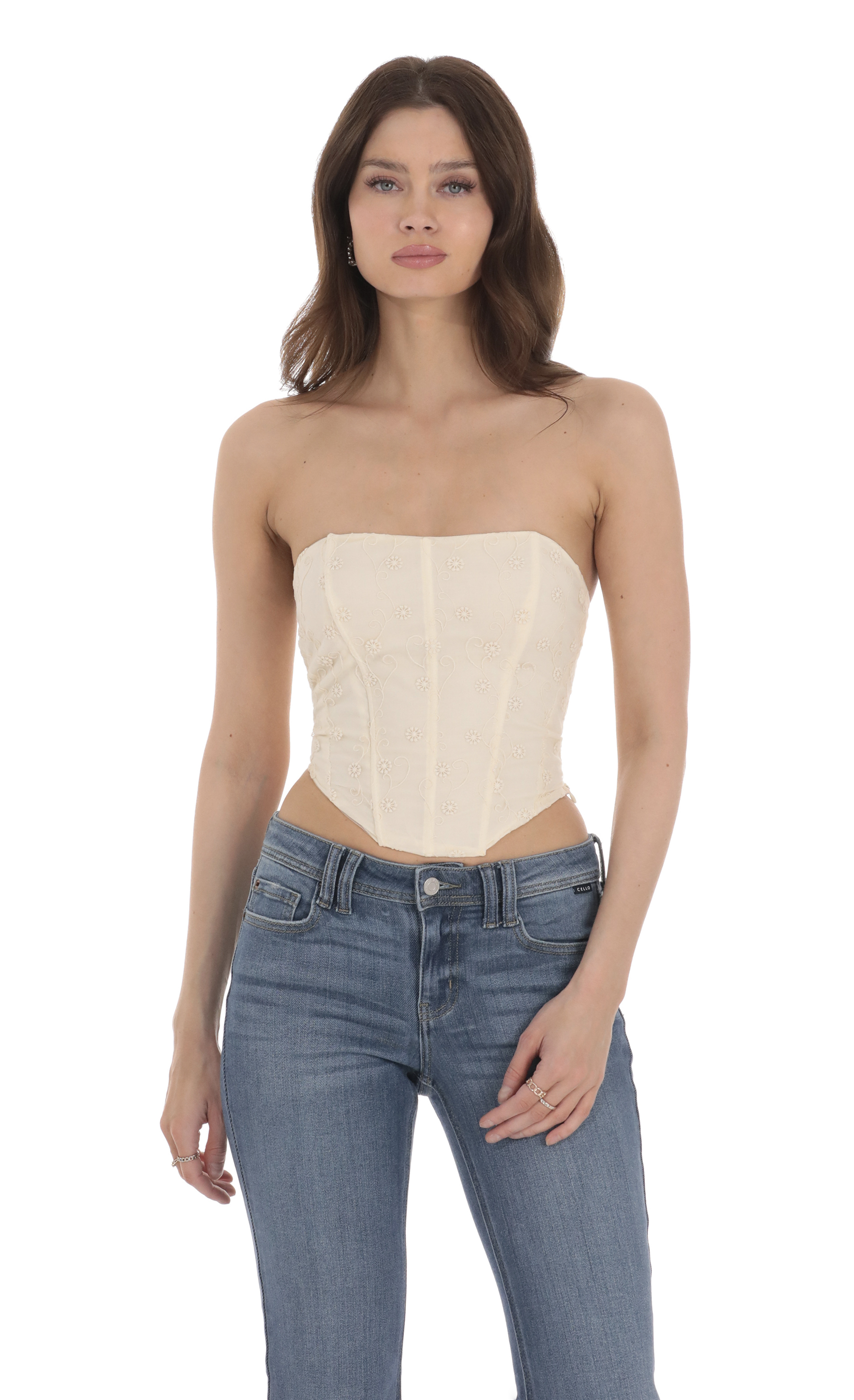 Floral Embroidered Corset Top in Vanilla
