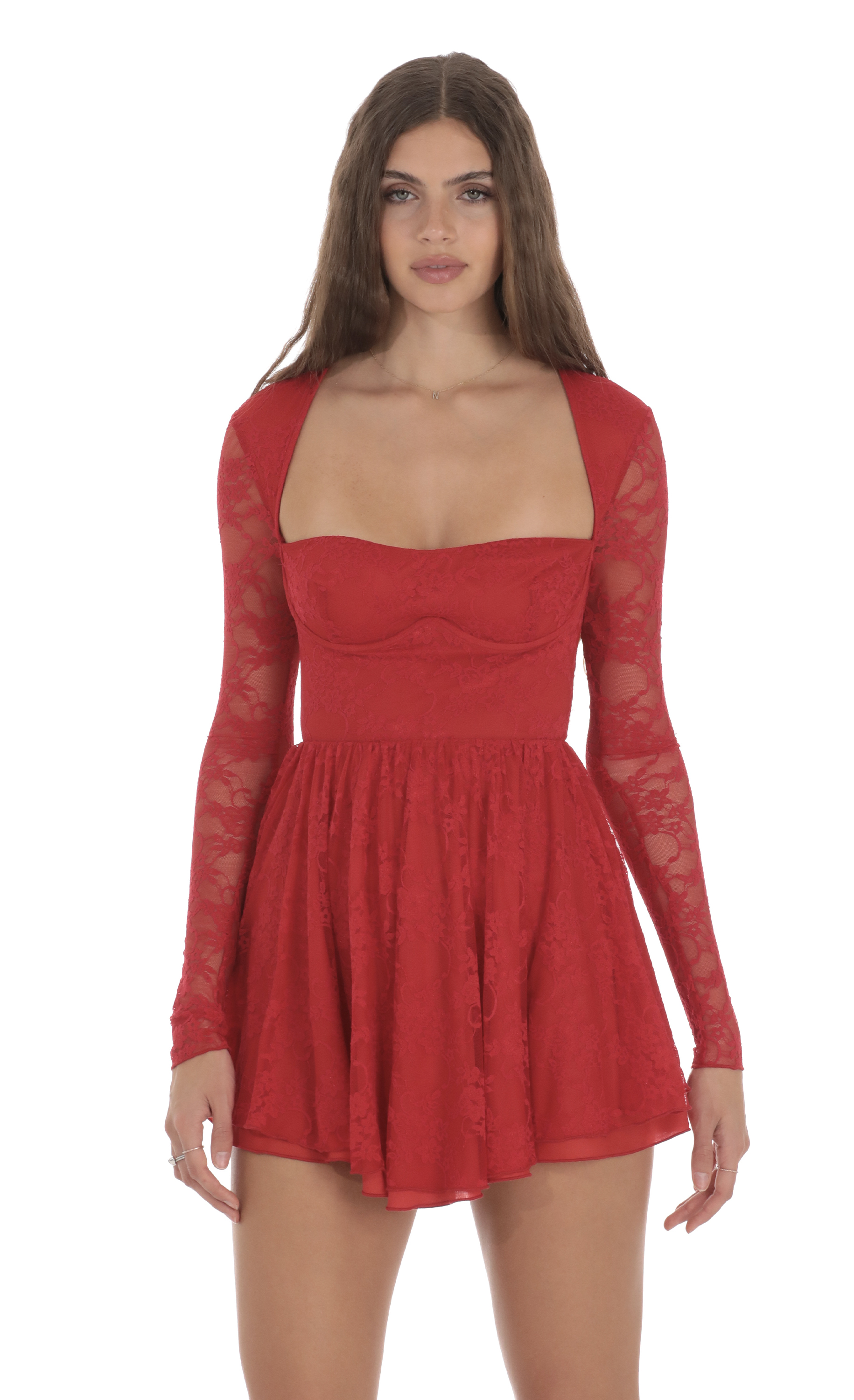 Long Sleeve Lace A-line Dress in Red