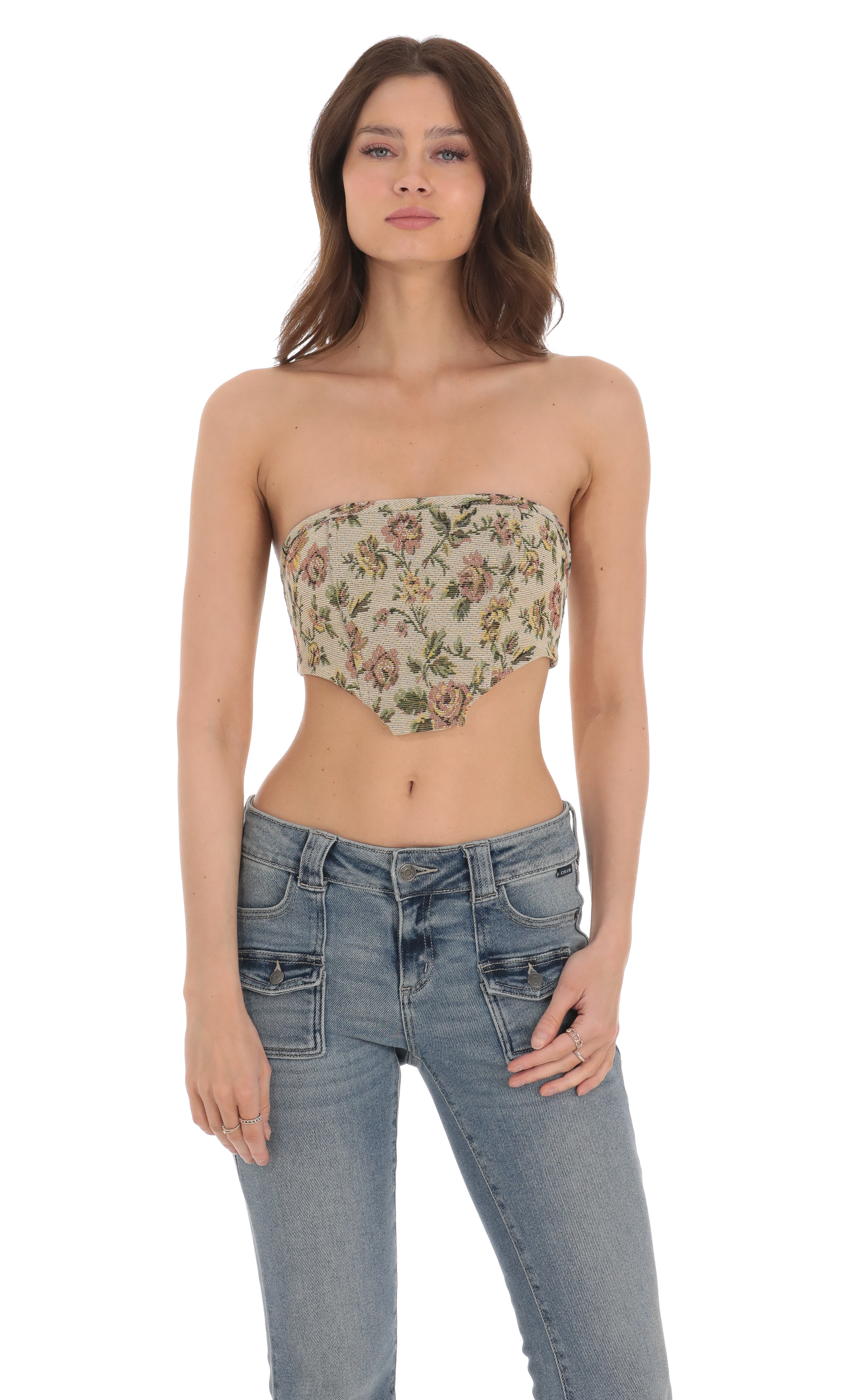 Strapless Floral Corset Top in Tan