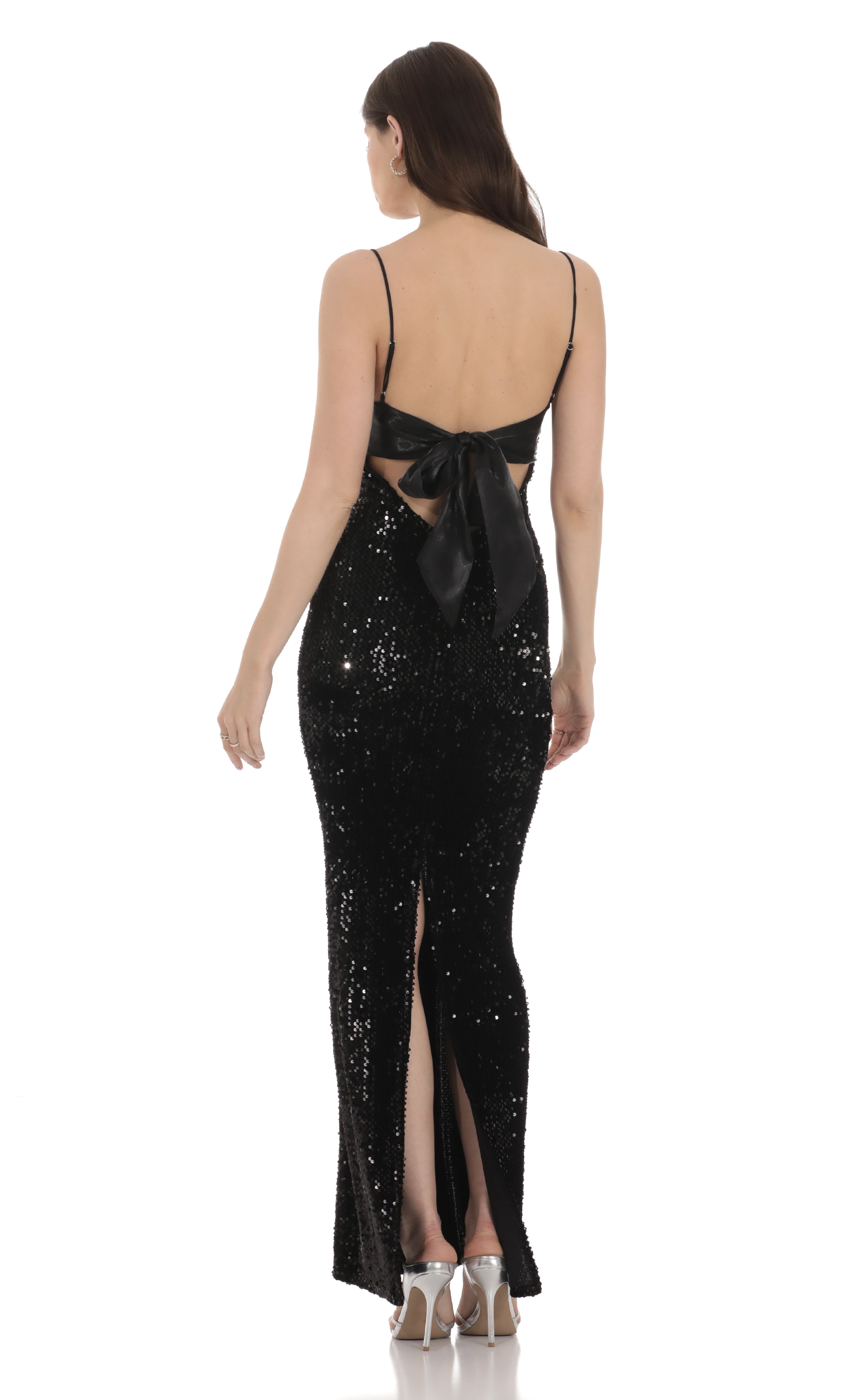 Velvet Sequin Back Bow Maxi Dress in Black