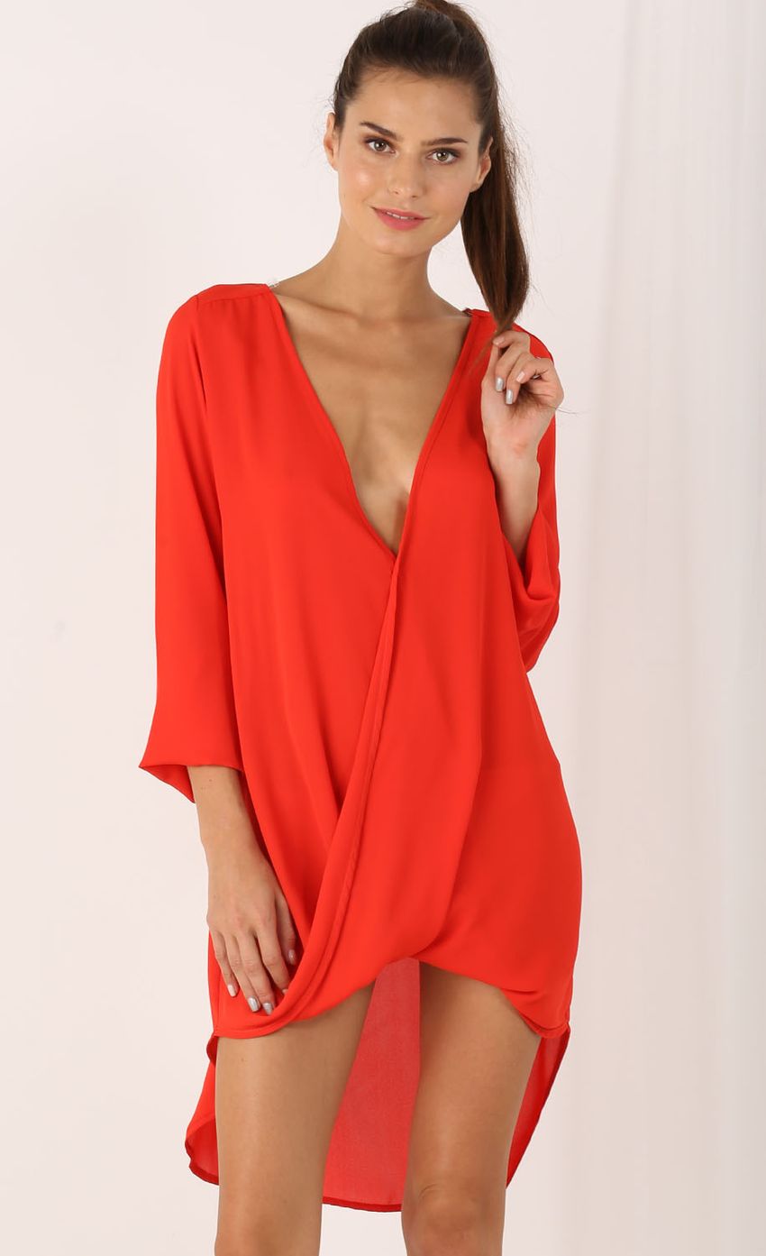 Picture 3/4 Sleeve Wrap Dress In Red. Source: https://media-img.lucyinthesky.com/data/Jul15_2/850xAUTO/0Y5A8114.JPG