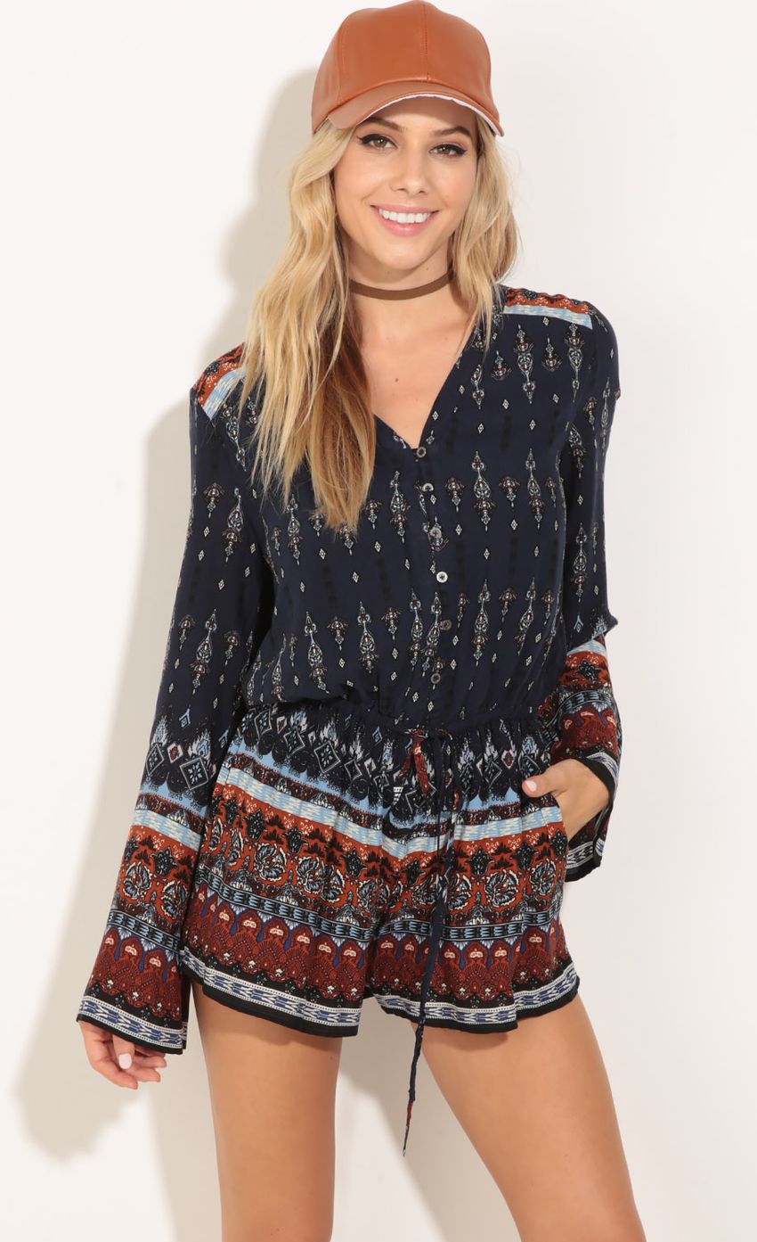 Picture Bohemian Print Romper In Navy Blue. Source: https://media-img.lucyinthesky.com/data/Jul16_1/850xAUTO/0Y5A2519.JPG