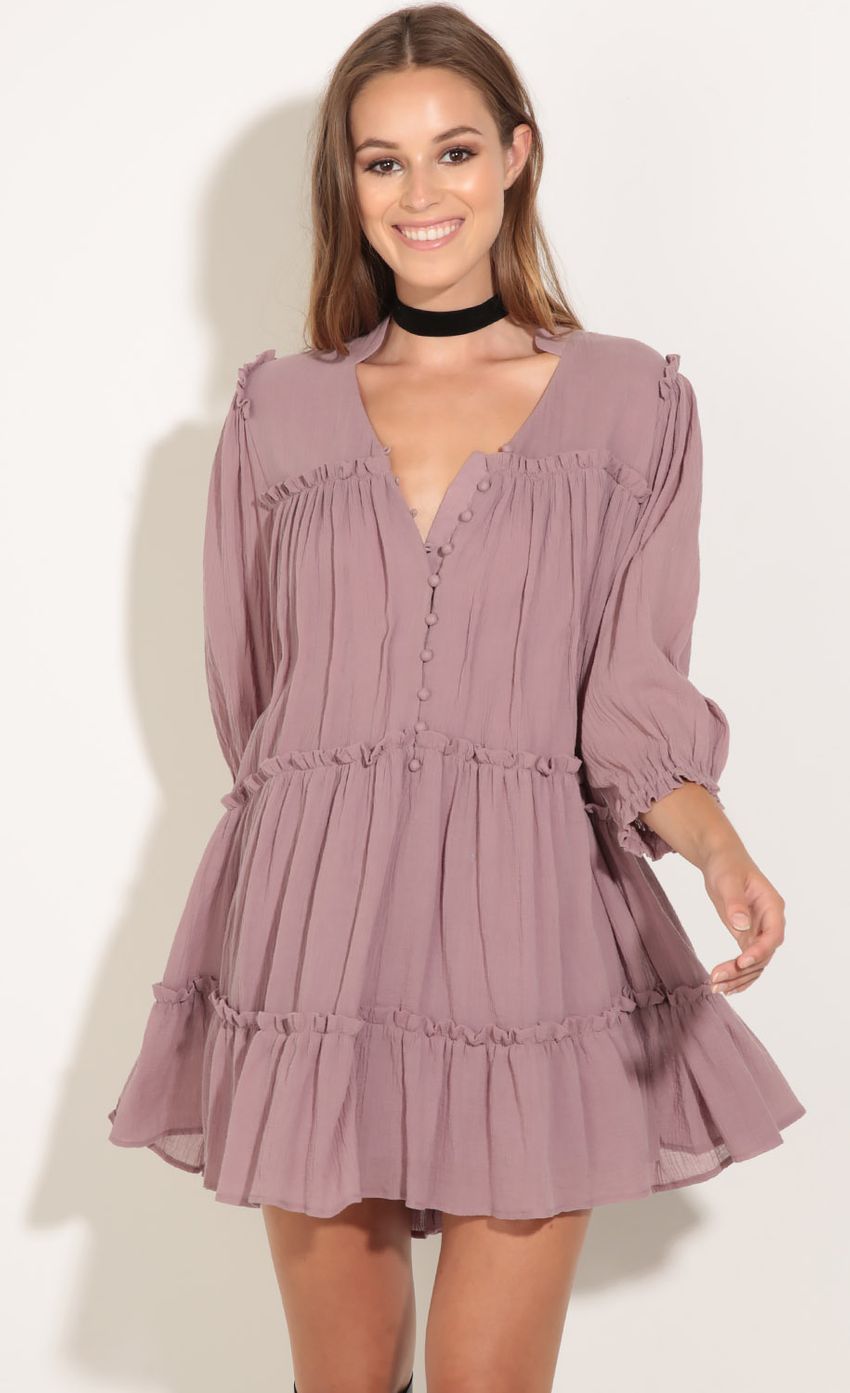 Picture Tiered Button-Up Dress In Lavender. Source: https://media-img.lucyinthesky.com/data/Jul16_1/850xAUTO/0Y5A6677.JPG