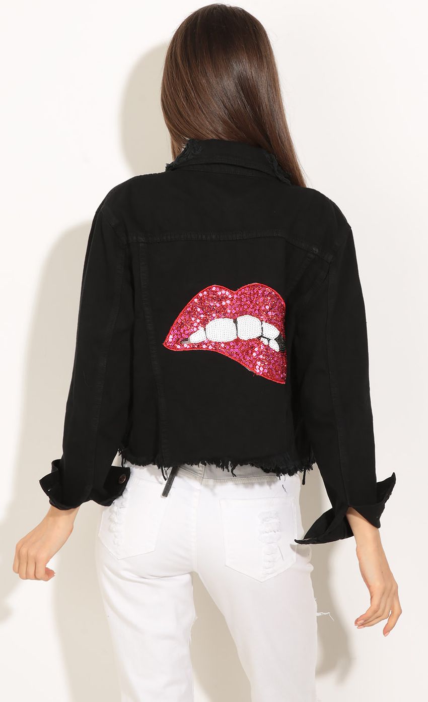 Picture &quot;Bite Me&quot; Distressed Denim Jacket In Black. Source: https://media-img.lucyinthesky.com/data/Jul16_2/850xAUTO/0Y5A0126.JPG
