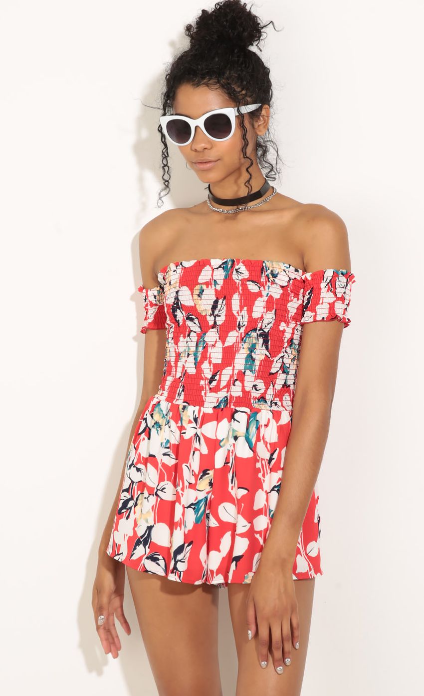 Picture Off The Shoulder Tropical Romper In Red. Source: https://media-img.lucyinthesky.com/data/Jul16_2/850xAUTO/0Y5A0475.JPG