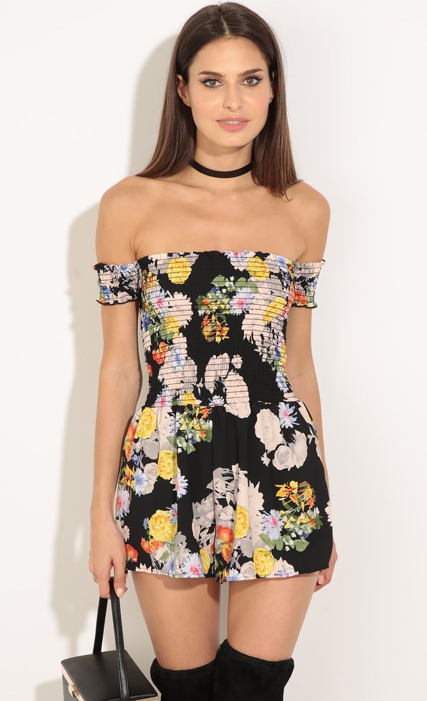 Picture Off The Shoulder Floral Print Romper In Black. Source: https://media-img.lucyinthesky.com/data/Jul16_2/850xAUTO/0Y5A1082.JPG