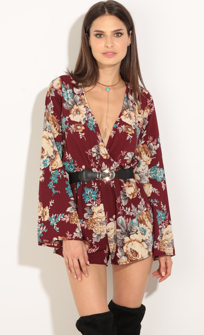 Picture Floral Print Wrap Romper In Wine. Source: https://media-img.lucyinthesky.com/data/Jul16_2/850xAUTO/0Y5A1185.JPG
