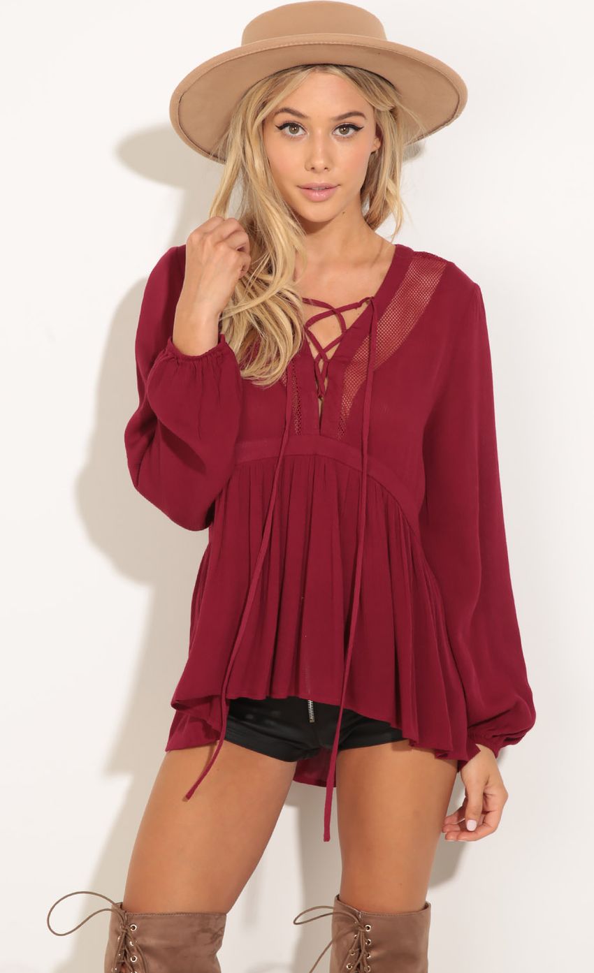 Picture Tassel Babydoll Top In Cranberry. Source: https://media-img.lucyinthesky.com/data/Jul16_2/850xAUTO/0Y5A2119.JPG