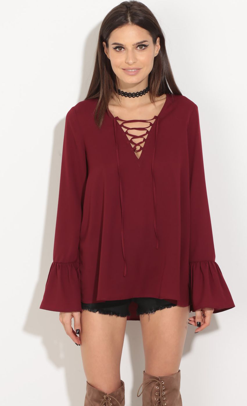 Picture Lace-Up Top In Wine. Source: https://media-img.lucyinthesky.com/data/Jul16_2/850xAUTO/0Y5A4313.JPG