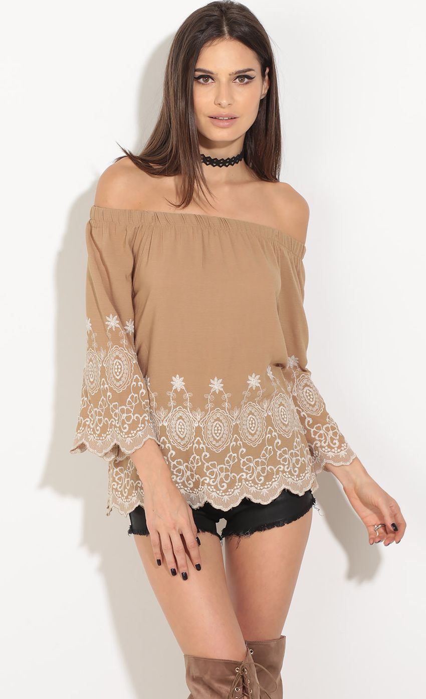 Picture Embroidered Off The Shoulder Top In Khaki. Source: https://media-img.lucyinthesky.com/data/Jul16_2/850xAUTO/0Y5A4442.JPG