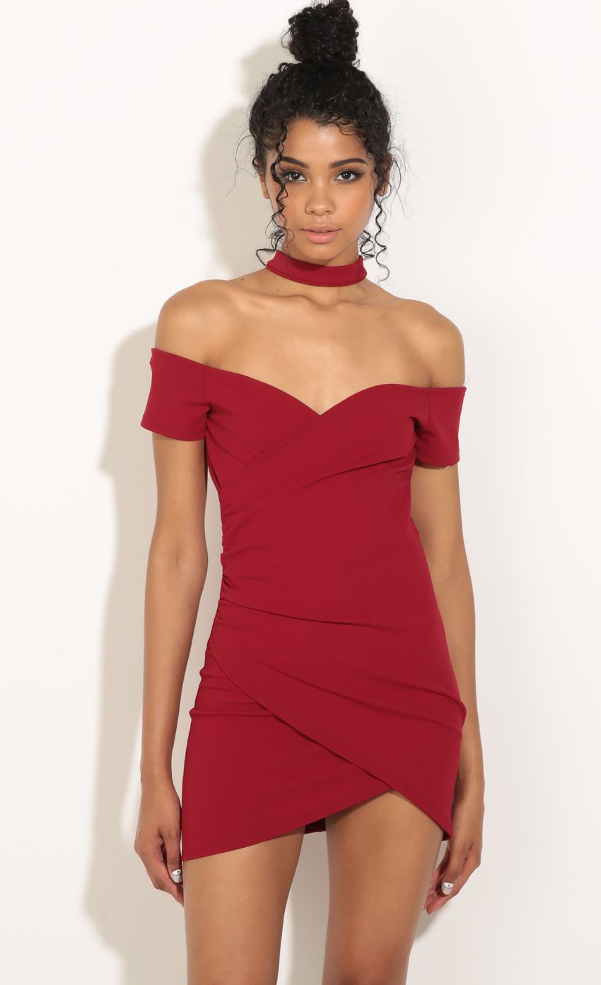 Picture Ruched And Wrapped High Neck Dress In Cranberry. Source: https://media-img.lucyinthesky.com/data/Jul16_2/850xAUTO/0Y5A6218.JPG