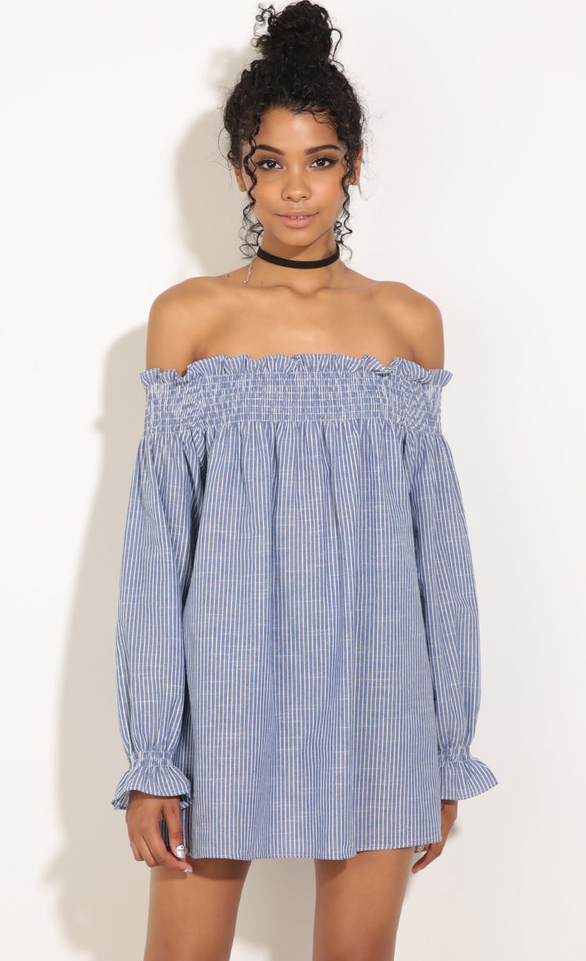 Picture Off The Shoulder Stripped Top In Blue. Source: https://media-img.lucyinthesky.com/data/Jul16_2/850xAUTO/0Y5A6783.JPG