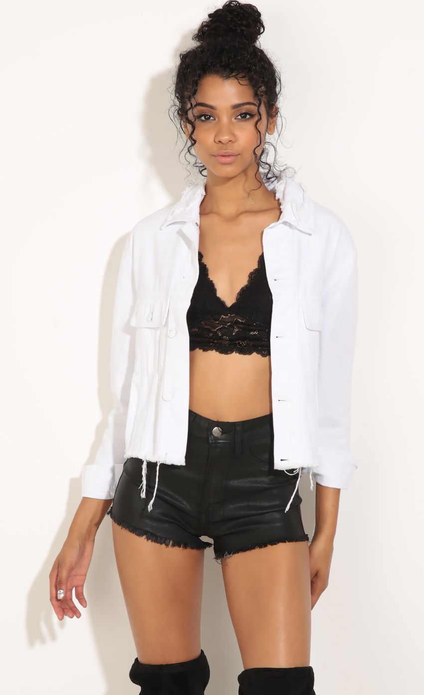Picture &quot;Bite Me&quot; Distressed Denim Jacket In White. Source: https://media-img.lucyinthesky.com/data/Jul16_2/850xAUTO/0Y5A7484.JPG