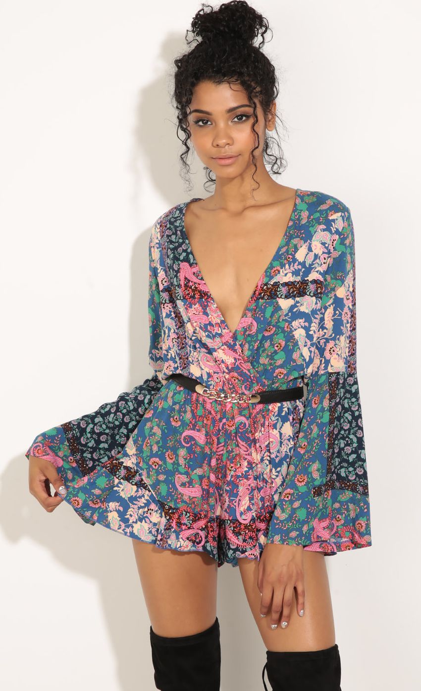 Picture Floral Patchwork Wrap Romper In Blue. Source: https://media-img.lucyinthesky.com/data/Jul16_2/850xAUTO/0Y5A8025.JPG