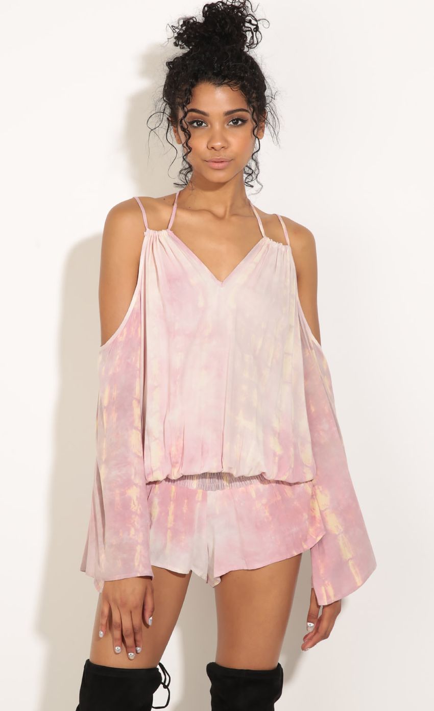 Picture Open Shoulder Tie-Dye Romper In Pink. Source: https://media-img.lucyinthesky.com/data/Jul16_2/850xAUTO/0Y5A8602.JPG