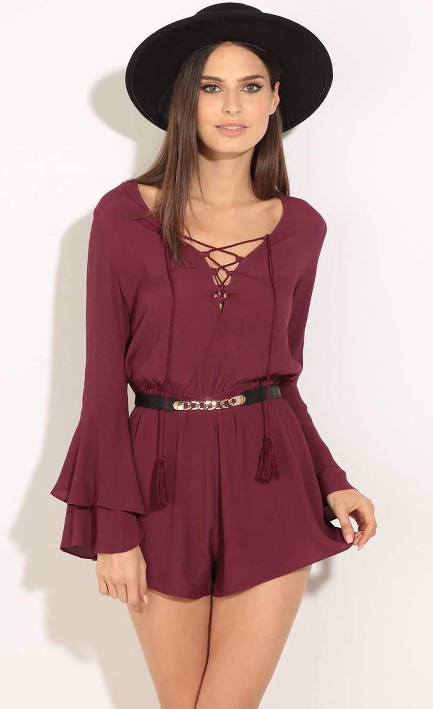 Picture Lace-Up Bell Sleeve Romper In Wine. Source: https://media-img.lucyinthesky.com/data/Jul16_2/850xAUTO/0Y5A9382.JPG