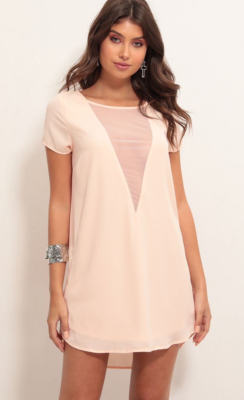 Picture Plunge Shift Dress in Light Coral. Source: https://media-img.lucyinthesky.com/data/Jul19_1/850xAUTO/781A3161.JPG