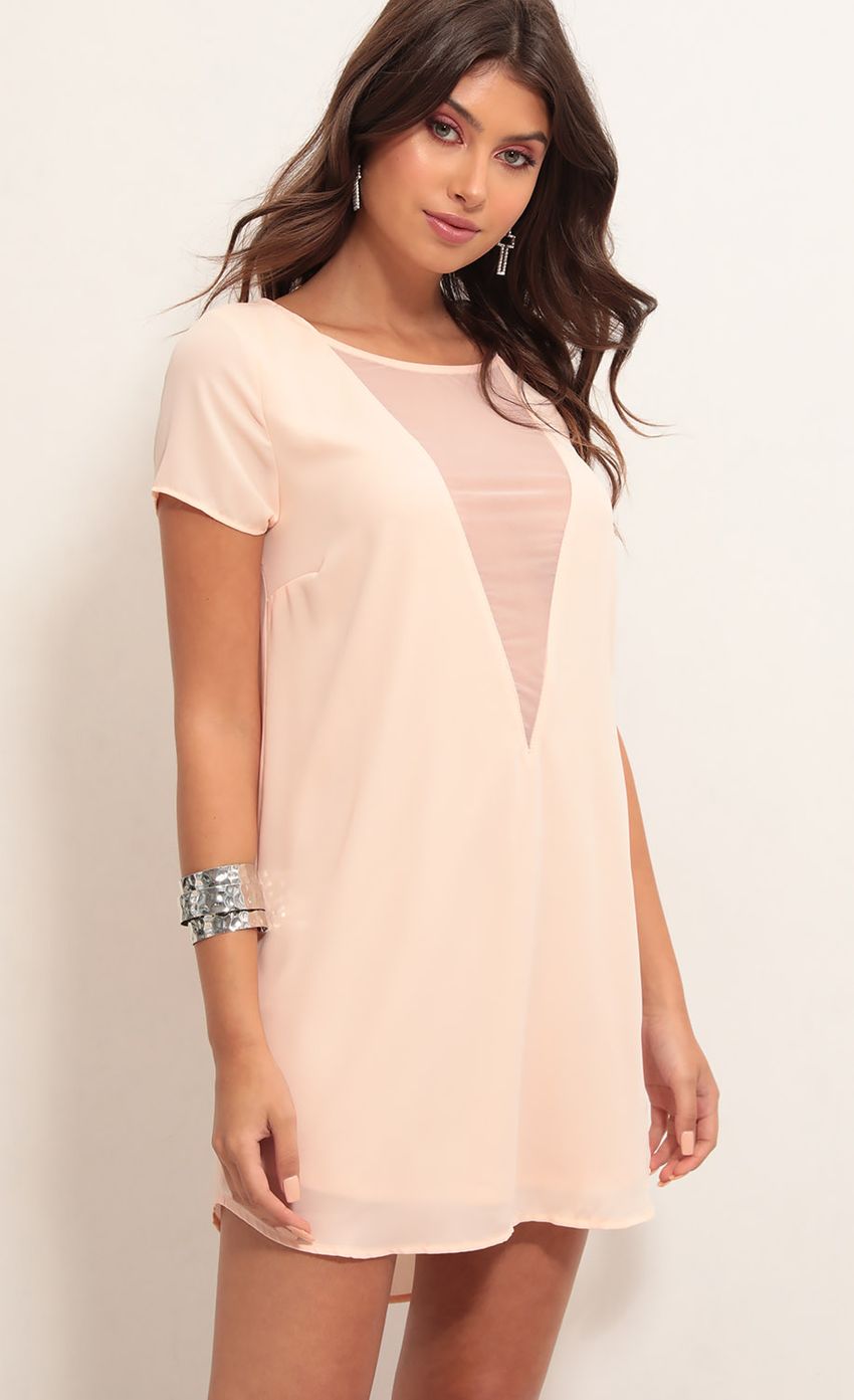 Picture Plunge Shift Dress in Light Coral. Source: https://media-img.lucyinthesky.com/data/Jul19_1/850xAUTO/781A3168.JPG