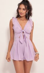 Picture Blair Front Tie Romper in Lilac. Source: https://media-img.lucyinthesky.com/data/Jul19_2/150xAUTO/781A0242.JPG