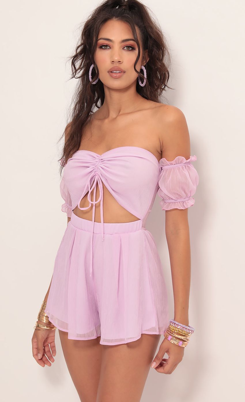 Picture Hailee Chiffon Romper in Lilac. Source: https://media-img.lucyinthesky.com/data/Jul19_2/850xAUTO/781A0137.JPG