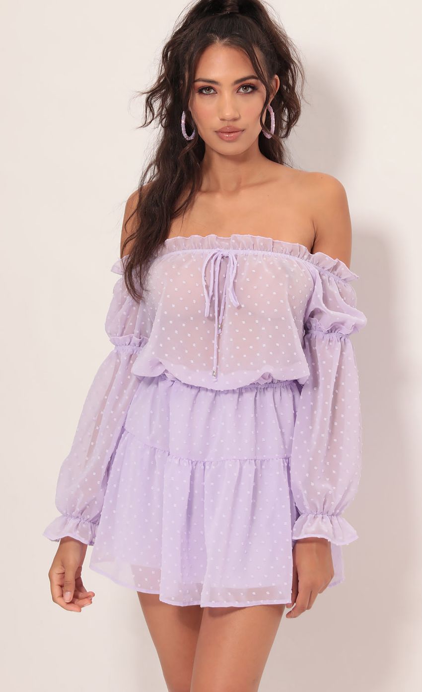 Picture Wild Thoughts Off The Shoulder Dress in Lavender Dots. Source: https://media-img.lucyinthesky.com/data/Jul19_2/850xAUTO/781A0170.JPG