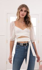 Picture Aliah Puff Chiffon Wrap Top in White. Source: https://media-img.lucyinthesky.com/data/Jul20_2/150xAUTO/781A9175.JPG
