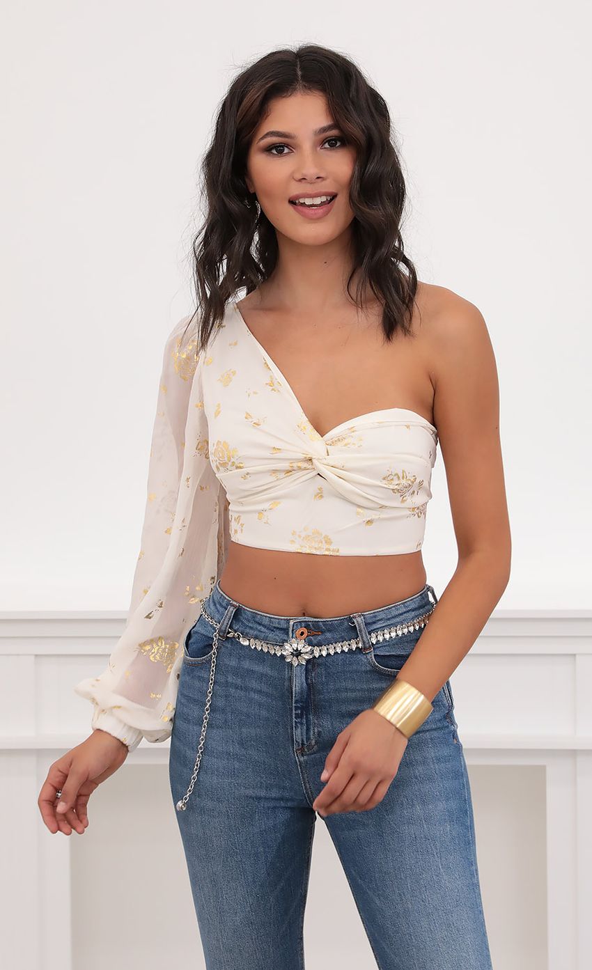 Picture Jasmine Puff Sleeve Chiffon Top in White and Gold. Source: https://media-img.lucyinthesky.com/data/Jul20_2/850xAUTO/781A7440.JPG
