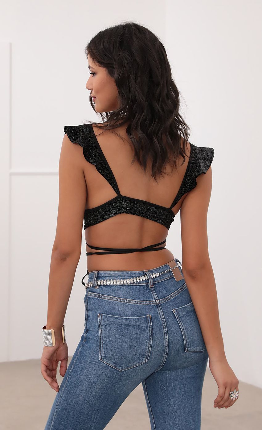 Picture Ruffle Crop Top in Black Velvet. Source: https://media-img.lucyinthesky.com/data/Jul20_2/850xAUTO/781A7938.JPG