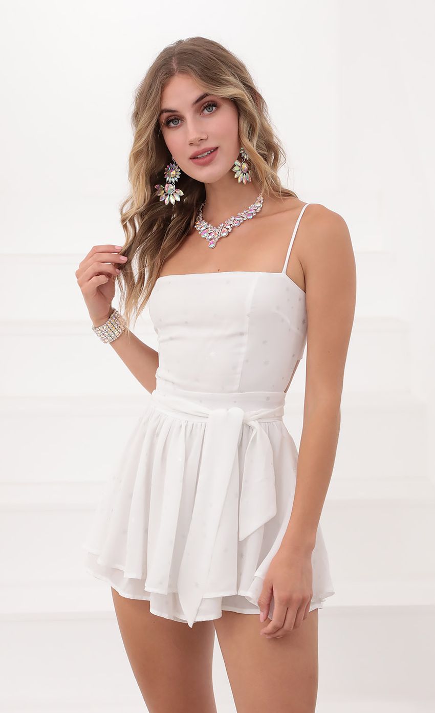Picture Micaela Double Ruffle Romper in White Starlight. Source: https://media-img.lucyinthesky.com/data/Jul20_2/850xAUTO/781A8607.JPG