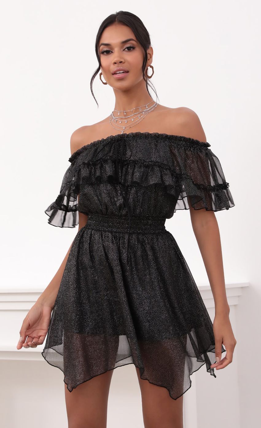 Picture Strapless Chiffon Dress in Black Sparkle. Source: https://media-img.lucyinthesky.com/data/Jul21_1/850xAUTO/1V9A0037.JPG