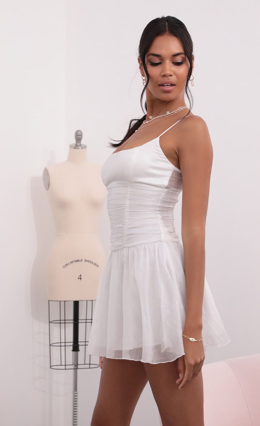 Picture Ruched Waist Chiffon Dress in White. Source: https://media-img.lucyinthesky.com/data/Jul21_1/850xAUTO/1V9A0749.JPG