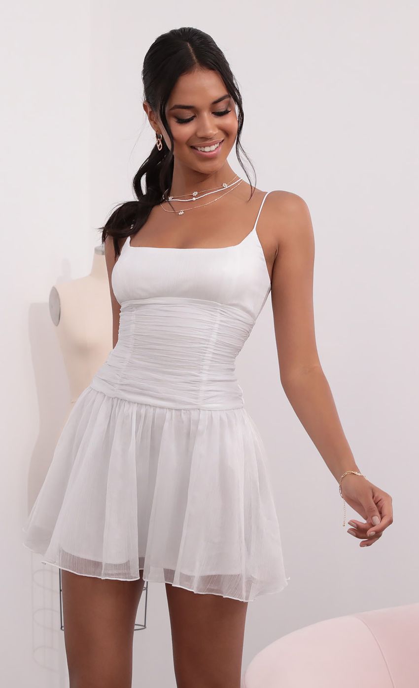 Picture Ruched Waist Chiffon Dress in White. Source: https://media-img.lucyinthesky.com/data/Jul21_1/850xAUTO/1V9A0803.JPG