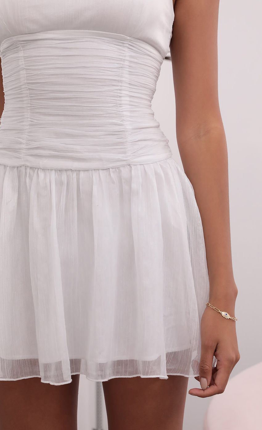 Picture Ruched Waist Chiffon Dress in White. Source: https://media-img.lucyinthesky.com/data/Jul21_1/850xAUTO/1V9A0810.JPG