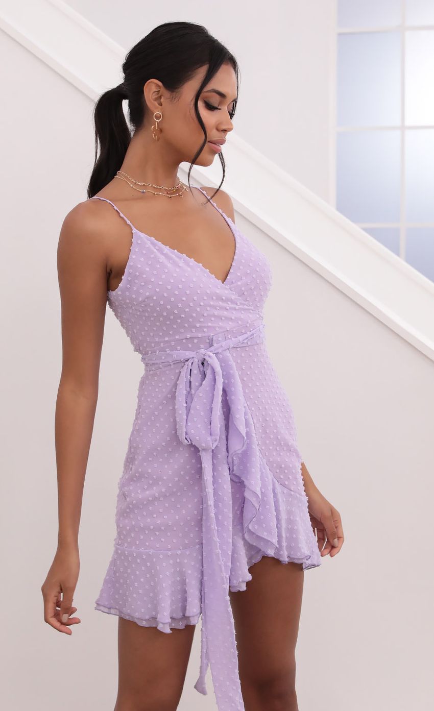 Picture Wrap Dress in Lilac Dotted Chiffon. Source: https://media-img.lucyinthesky.com/data/Jul21_1/850xAUTO/1V9A1352.JPG