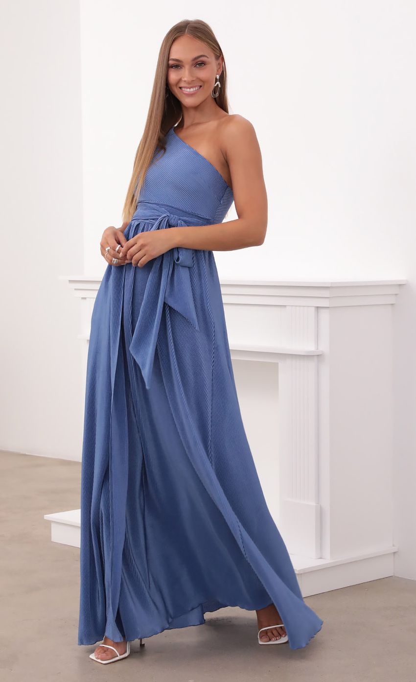 Picture One Shoulder Pleated Dress in Periwinkle Blue. Source: https://media-img.lucyinthesky.com/data/Jul21_2/850xAUTO/1V9A0092.JPG