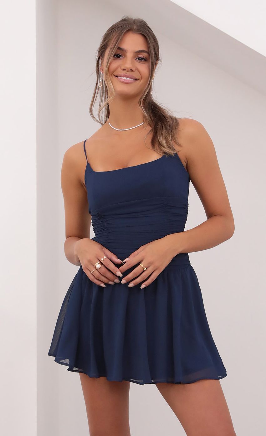 Picture Ruched Waist Dress in Navy. Source: https://media-img.lucyinthesky.com/data/Jul21_2/850xAUTO/1V9A2488.JPG