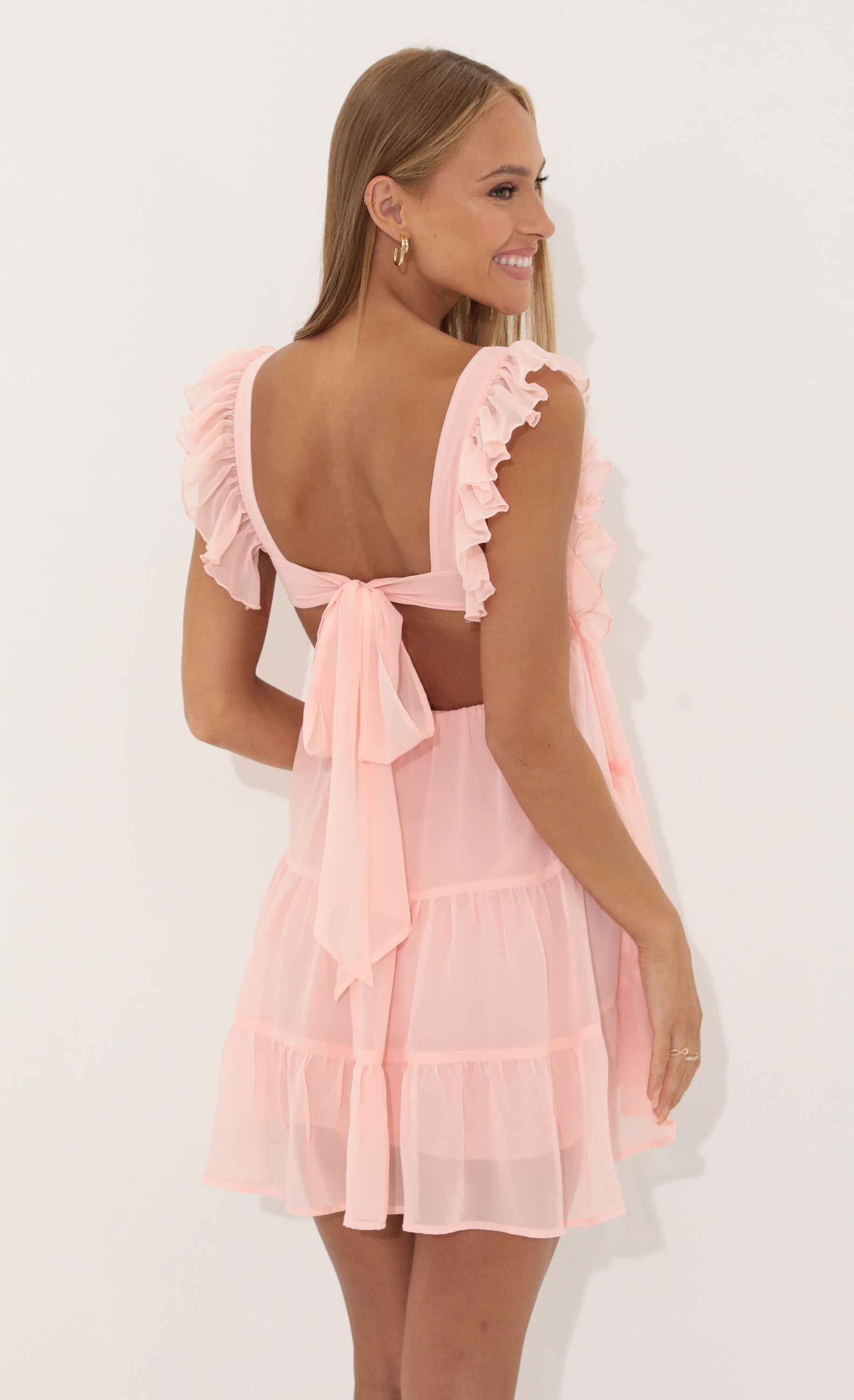 Chiffon Baby Doll Ruffle Dress in Pink